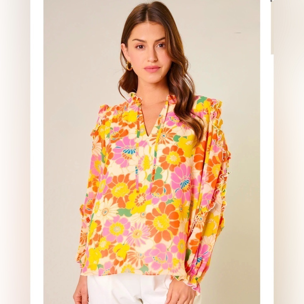 Women’s SUGARLIPS Zippy Tropical Raj Ruffle Balloon Sleeve Blouse- Size Medium